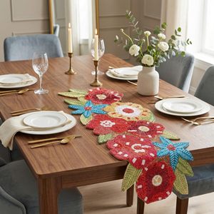 Embroidered Floral <b>Table</b> <b>Runner</b> Bohemian Home Decor Washable Red Yellow Blue Pattern - Product Image 2