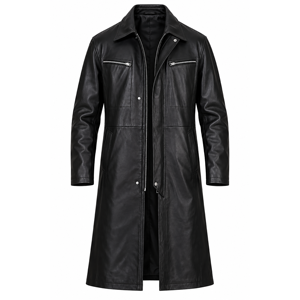 <b>Men's</b> <b>Black</b> Genuine Leather <b>Long</b> Trench <b>Coat</b> Full Zip Front Snap Button Closure Multi Pocket Winter Fashion Overcoat OEM - Product Image 1