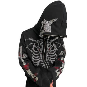 Sweat à capuche zippé intégral pour homme, motif crâne et squelette, orné de strass et cristaux scintillants, avec logo personnalisé sur le devant, 100% polyester, hiver - Product Image 1