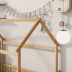 Lit en bois naturel double avec cadre de toit et barrières de sécurité, design maison sur pied - Product Image 5