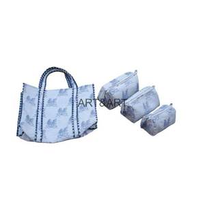 White Bohemian Floral Print Quilted Tote Bag Cosmetic Pouch Set Zipper Closure Handmade Cotton Beach Travel Makeup Organizer - Product Image 4