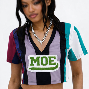 Camiseta Corta de Fútbol Americano a Rayas para Mujer, con Parche de Chenilla, Manga Corta, Poliéster, Ropa Urbana, Fabricación OEM - Product Image 5