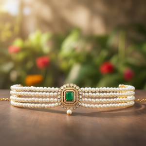 Four Line Pearl Choker with Green Stone-Gold Plated Brass Religious Ethnic Wedding Necklace - Product Image 3