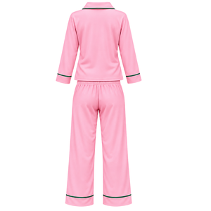 <b>Pink</b> Sorority Sleepwear Set with Green Embroidered Crest Button Down <b>Long</b> <b>Sleeve</b> <b>Top</b> and Elastic Waist Pants Women - Product Image 2