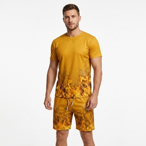 Men's <b>Flame</b> Print Sporty T-<b>Shirt</b> And Shorts Set Crew Neck Quick Dry Polyester Spandex Knitted Summer Workout Wear - Product Image 3