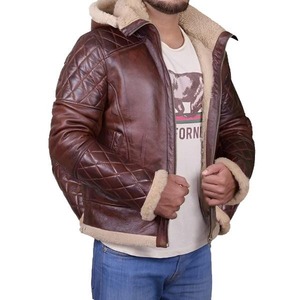 <b>Men</b> Brown <b>Shearling</b> <b>Jacket</b> with Hoodie - Product Image 2