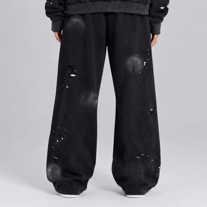 Pantalon large déchiré noir délavé à l'acide pour femme, style streetwear, coupe ample, en molleton tricoté - Product Image 1