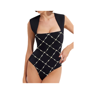 Traje de Baño Entero Negro de Moda con Escote Cuadrado y Patrón Geométrico con Cuentas de Perlas, Transpirable y Ajustado al Cuerpo - Product Image 1