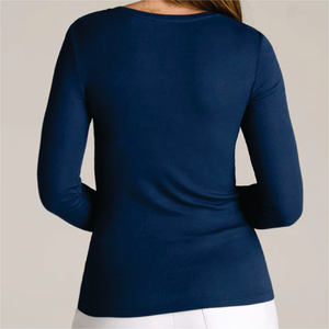 Camiseta Henley de Manga Larga con Cuello Redondo para Mujer, Color Sólido, Corte Regular, Informal, Algodón Orgánico, Ecológica, Transpirable, Manga Completa - Product Image 4