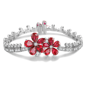 Romantic <b>Bracelet</b> With Pear Cut 925 Silver <b>Red</b> Gemstone Flower Design And Diamond Accents For Women Wedding Jewelry - Product Image 1