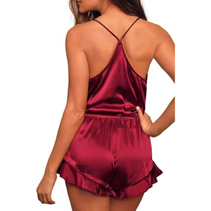 Conjunto de Pijama de 2 Piezas con Cuello en V, Sin Mangas, Color Sólido, Sexy, para Verano, Tela Suave - Product Image 3