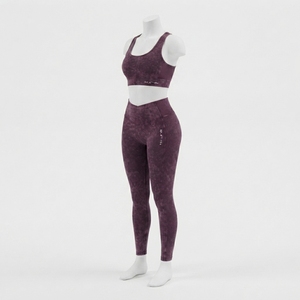 Women Burgundy Acid Wash Yoga Set Sports Bra High Waist <b>Leggings</b> Gym Fitness Workout <b>Activewear</b> - Product Image 2