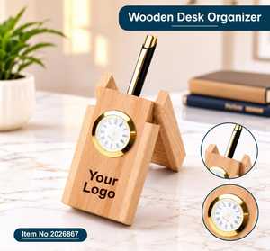 Premium Wooden <b>Desk</b> Organiser with <b>Clock</b> & Pen Holder | Personalised Office <b>Desk</b> Accessory Wooden Office <b>Desk</b> Organiser - Product Image 1