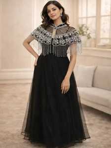 Golden Beaded Tassel <b>Cape</b> Wrap With High Collar For Wedding Adult Black Silver Hand Beaded Embroidered Fringe <b>Cape</b> for <b>Women</b> - Product Image 6