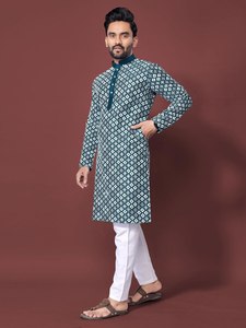 <b>Men's</b> Grey Printed Cotton <b>Kurta</b> Regular Fit Traditional Casual Wear India Pakistan Style All Seasons - Product Image 5