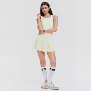 Ensemble sportif tricoté sans manches pour femme, jupe plissée, color block, haute élasticité, respirant, tenue d'entraînement printemps-été - Product Image 1