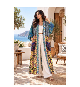Indian Silk V-neck Patchwork Boho Robe with Drawstring Closure Breathable & Soft Long Beach <b>Cover</b>-<b>Up</b> Summer Cardigan Coat Jacket - Product Image 4