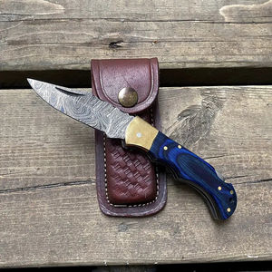 Cuchillo de bolsillo Burraq DIY OEM personalizado hecho a mano de acero de Damasco con mango de madera y funda de cuero, regalo de aniversario, regalo para padrinos de boda - Product Image 4