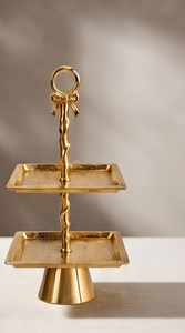 Modern Gold Metal 2 Tier Square Cake Stand Luxury <b>Hammered</b> Dessert Display Tray Pedestal Bow Handle Cupcake <b>Holder</b> - Product Image 2