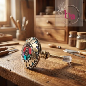 Traditional Brass Round Cabinet <b>Knob</b> with Mosaic Stone Design <b>for</b> <b>Dresser</b> and Wardrobe - Product Image 3