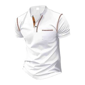 เสื้อเชิ้ตเฮนลีย์ผู้ชาย ผ้าฝ้ายถัก 100% แขนสั้น ทรงปกติ สีพื้นลำลอง มีกระเป๋าหน้าอก เย็บตะเข็บตัดสี ระบายอากาศได้ดี - Product Image 2