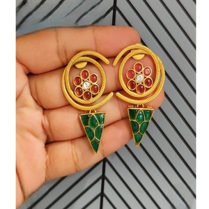 Stylish Gold Plated Geometric <b>Drop</b> <b>Earrings</b> With <b>Red</b> Zircon And Green Enamel For Women Party Wear Vintage Style - Product Image 1