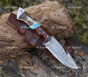 Couteau de chasse et de camping à lame fixe en acier Damas forgé à la main, pointe tombante, crochet à viande, manche en bois de cerf, OEM - Product Image 3
