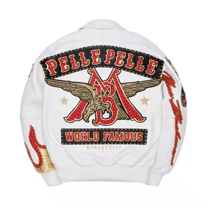 แจ็คเก็ตหนัง Pellepelle แจ็คเก็ตบอมเบอร์หนังสีขาวสำหรับผู้ชาย ปักโลโก้ สตรีทแวร์ ฤดูใบไม้ร่วง ปกคอพับ ซิปด้านหน้า OEM - Product Image 3