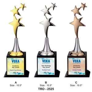 Trofeo de diseño curvo de doble estrella con acabado metálico y base sólida para reconocimiento de logros, premios corporativos. - Product Image 1