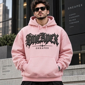 <b>Men's</b> <b>Pink</b> Hooded Oversized Embossed Hoodie Streetwear Pullover Hooded <b>Sweatshirt</b> Front Logo Wholesale - Product Image 4