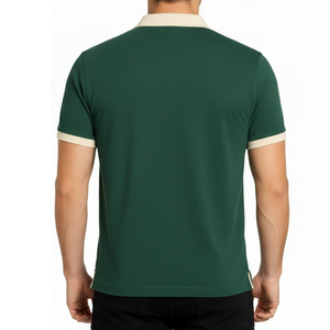 Chemise Homme Vert Foncé de Haute Qualité avec Bordure Contrastante Beige, en Coton Jersey Tricoté Uni, Luxe, Décontractée et Respirante - Product Image 4