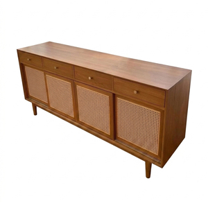 Solid Teak Premium Scandinavian Modern Living Room Luna Cane Teak <b>Sideboard</b> 4 Door 4 Drawer Buffet Cabinet Rattan Panels <b>Storage</b> - Product Image 1