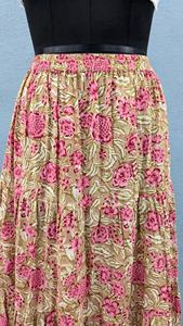 Elegant beige floral tiered <b>skirt</b> crafted in soft breathable fabric charming pink blossoms delicate green foliage prints - Product Image 4