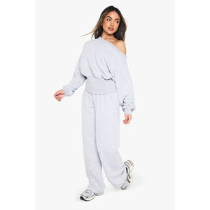 Ensemble de survêtement en tricot gris pour femmes, 2 pièces, haut épaules dénudées, pantalon large, coupe décontractée, toutes saisons, couleur unie, jogging - Product Image 5