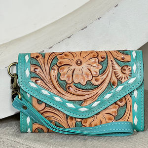 Premium Handcrafted Genuine Cow <b>Leather</b> <b>Tooled</b> Floral Wristlet Wallet for Women Western Clutch Card Holder RFID Travel Wallet - Product Image 4