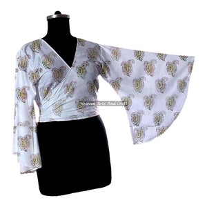 Top indio de algodón para mujer, estilo hippie retro, con lazo en la parte delantera, manga acampanada, estampado floral, informal, para fiesta, talla única - Product Image 3