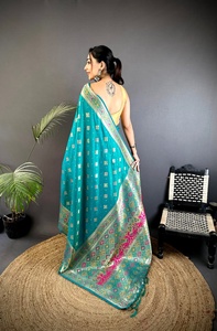 Turquoise Silk Blend Saree Zari Jacquard Banarasi Style <b>Sari</b> with Matching <b>Blouse</b> for Wedding Party Diwali - Product Image 2