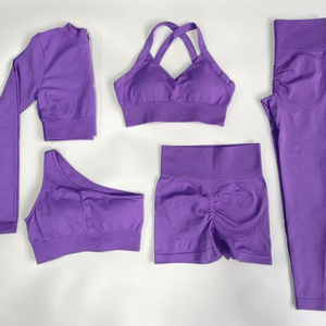 Purple 5-Piece <b>Yoga</b> <b>Set</b> With Crisscross Straps Ruched Butt High Waist Seamless Spandex Gym Fitness Wear - Product Image 1