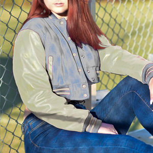 Veste courte universitaire pour femme, style Letterman, gris beige, avec manches en similicuir, vêtement d'extérieur décontracté, mode féminine - Product Image 1