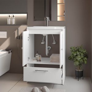 Mobile Bagno Freestanding Bianco Sinclair con Lavabo, Due Ante e Cassetto Inferiore - Eleganti Mobili Bagno - Product Image 4