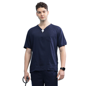 Men's Navy Blue Scrub Set V-Neck <b>Top</b> Pants Hospital Uniform Cotton Polyester Woven Fabric Needle Detection Ready Stock - Product Image 3