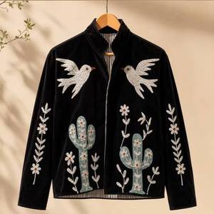 Chaqueta Reversible de Algodón Acolchada con Bordado Floral Suzani de Terciopelo, Cosida a Mano, Manga Larga, para Otoño e Invierno, Color Negro - Product Image 1