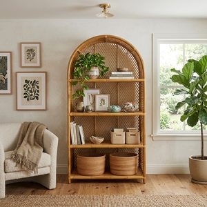 Estantería Arqueada Bohemia de Ratán Natural y Madera Maciza de 4 Niveles, Estante de Exhibición con Tejido de Mimbre Hecho a Mano, Librería Arqueada para Sala de Estar - Product Image 2