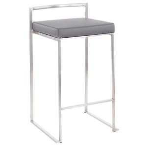 Contemporary Fuji Counter <b>Stool</b> by Fuji Set of 2 Stainless Steel with Grey Faux <b>Leather</b> Cushion Stackable Dining Chairs - Product Image 2