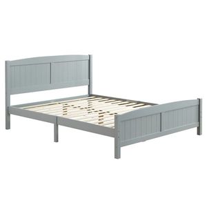 Testiera curva in pino massiccio a strato singolo con fondo letto in legno e telaio letto a righe verticali grigie - Product Image 1