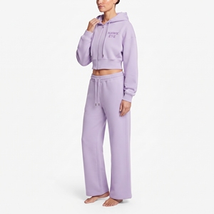 Conjunto de Sudadera Corta con Capucha y Hombros Caídos de Algodón de Alta Calidad y Pantalones Jogger de Pierna Ancha para Mujer, Venta al Por Mayor Personalizada - Product Image 3