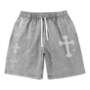 Pantalones Cortos con Cruz de Diamantes de Imitación, Pantalones Cortos con Lavado Ácido y Cruz de Diamantes de Imitación, Pantalones Cortos Vintage con Gráfico de Cruz, Pantalones Cortos de Forro Polar con Cruz de Diamantes, Estilo Y2K - Product Image 5