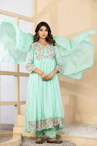 Ensemble Anarkali vert en coton brodé pour femme, longueur genou, avec dupatta, style traditionnel, coupe régulière, séchage rapide, tenue décontractée pour mariage - Product Image 2
