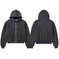 Hoodie Zip-Up Embossed Valley Unisex Katun French Terry Oversized Gaya Kasual Musim Gugur