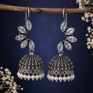 Wholesale Brass Oxidized <b>Silver</b> Vintage Handmade CZ Leaf <b>Dangle</b> Pearl Drop Jhumka <b>Earrings</b> for Women Ethnic Boho Indian Wedding - Product Image 4